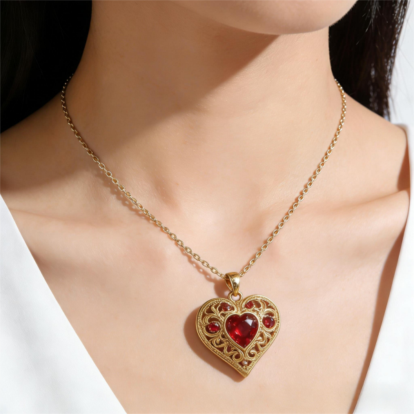 Gold-Tone Filigree Heart Pendant Necklace with Red Stones