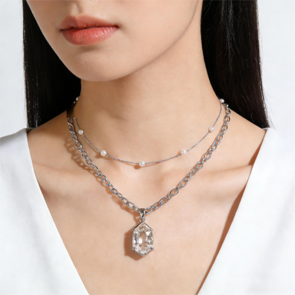 Silver-Tone Layered Crystal & Pearl Choker Necklace