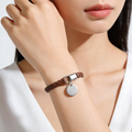 Braided Leather Bracelet with Silver-Tone Disc Charm