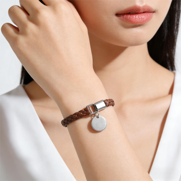 Braided Leather Bracelet with Silver-Tone Disc Charm